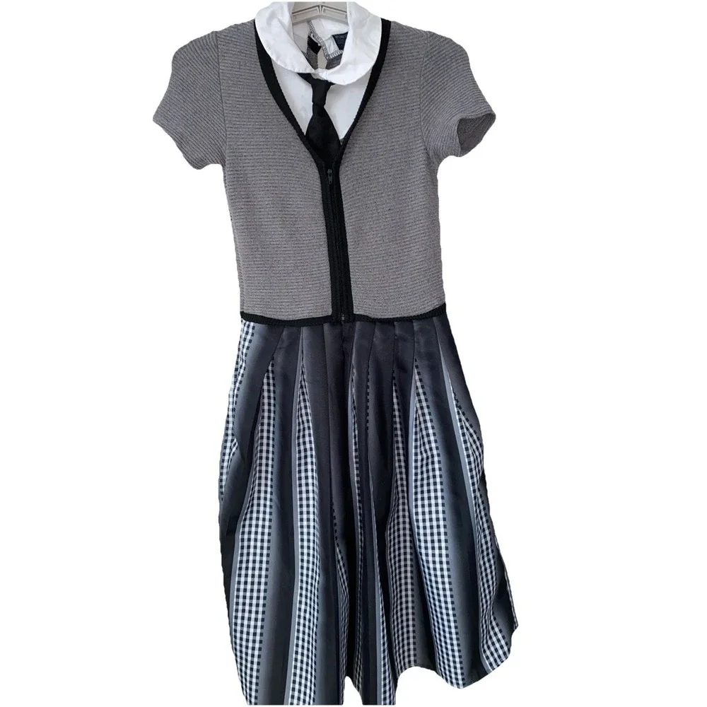 Wednesday Addams School Uniform Dress Kids Large Grey Gingham Cosplay Costume